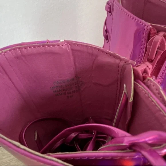 Dolls Kill Pink Iridescent Holographic Lace-Up Combat Boots Chunky Platform - Picture 4 of 5